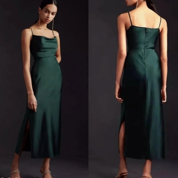 BHLDN Cali Satin Cowl-Neck Midi Slip Dress Size 6 Emerald Green - Picture 1 of 10